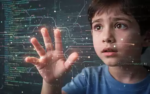 Eine Kinderhand berührt eine leuchtende digitale Oberfläche, im Hintergrund abstrakte Datenströme, die den Einfluss von KI auf die Jugend symbolisieren. - Foto: über boerse-global.de