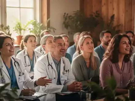 Eine vielfältige Gruppe von Menschen nimmt an einem Seminar zur Naturheilkunde teil, einige in medizinischer Kleidung, andere in Freizeitkleidung. - Foto: über boerse-global.de