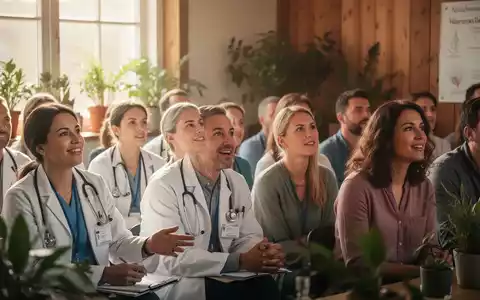Eine vielfältige Gruppe von Menschen nimmt an einem Seminar zur Naturheilkunde teil, einige in medizinischer Kleidung, andere in Freizeitkleidung. - Foto: über boerse-global.de
