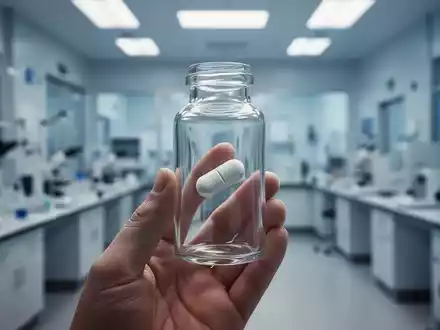 Eine Hand hält eine Glasflasche mit einer Pille, im Hintergrund verschwommen ein Labor, symbolisierend Medikamentenrisiken und Forschung. - Foto: über boerse-global.de