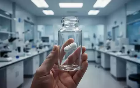 Eine Hand hält eine Glasflasche mit einer Pille, im Hintergrund verschwommen ein Labor, symbolisierend Medikamentenrisiken und Forschung. - Foto: über boerse-global.de