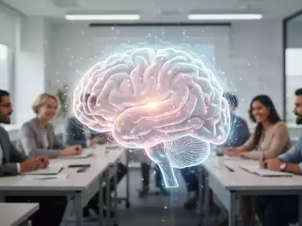 Eine stilisierte, leuchtende Gehirngrafik über einem verschwommenen Bild eines modernen Klassenzimmers mit lernenden Erwachsenen. - Foto: über boerse-global.de