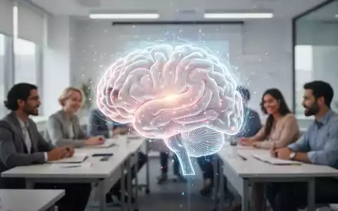 Eine stilisierte, leuchtende Gehirngrafik über einem verschwommenen Bild eines modernen Klassenzimmers mit lernenden Erwachsenen. - Foto: über boerse-global.de