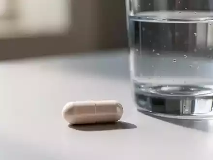 Eine einzelne Eisen-Nahrungsergänzungskapsel liegt neben einem Glas Wasser auf einer sauberen Oberfläche, minimalistisch und einfach. - Foto: über boerse-global.de