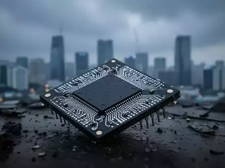 Ein detaillierter Speicherchip im Vordergrund, unscharf im Hintergrund die Skyline von Seoul unter einem grauen Himmel. Symbolisiert wirtschaftliche Zweifel. - Foto: über boerse-global.de