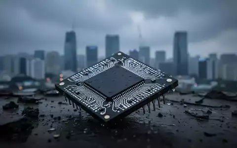 Ein detaillierter Speicherchip im Vordergrund, unscharf im Hintergrund die Skyline von Seoul unter einem grauen Himmel. Symbolisiert wirtschaftliche Zweifel. - Foto: über boerse-global.de