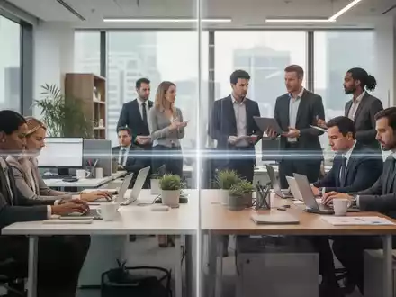 Geschäftsleute arbeiten in einem modernen Büro, einige am Laptop, andere im Gespräch, mit einer subtilen Trennung zum Homeoffice. - Foto: über boerse-global.de