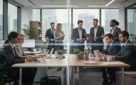 Geschäftsleute arbeiten in einem modernen Büro, einige am Laptop, andere im Gespräch, mit einer subtilen Trennung zum Homeoffice. - Foto: über boerse-global.de