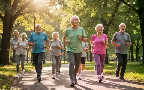 Ältere, aktive Menschen trainieren in einem sonnigen Park, symbolisieren Prävention und gesunden Lebensstil bei Prädiabetes. - Foto: über boerse-global.de
