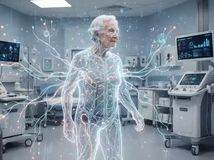Abstrakte Darstellung von digitaler Gesundheitstechnologie mit leuchtenden neuronalen Pfaden und Datenströmen, die eine ältere Person umgeben. - Foto: über boerse-global.de
