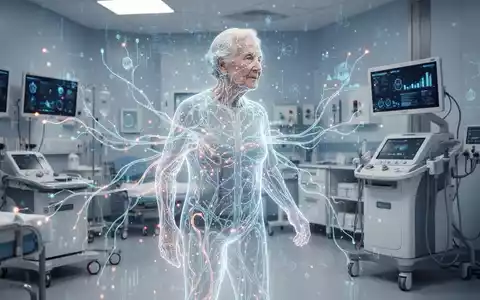 Abstrakte Darstellung von digitaler Gesundheitstechnologie mit leuchtenden neuronalen Pfaden und Datenströmen, die eine ältere Person umgeben. - Foto: über boerse-global.de