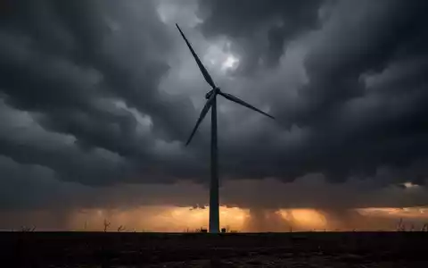 Eine einzelne Windkraftanlage bei Sonnenuntergang vor einem stürmischen Himmel, die Stillstand und Rückgang symbolisiert. - Foto: über boerse-global.de