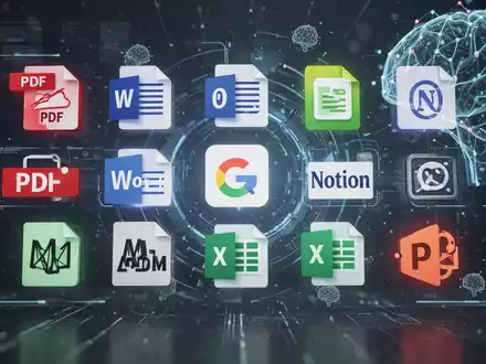 Digitale Oberfläche mit Symbolen für PDF, Word und Google Docs, ergänzt durch abstrakte KI-Elemente. - Foto: über boerse-global.de