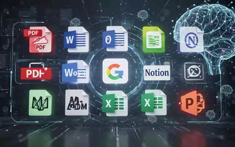 Digitale Oberfläche mit Symbolen für PDF, Word und Google Docs, ergänzt durch abstrakte KI-Elemente. - Foto: über boerse-global.de