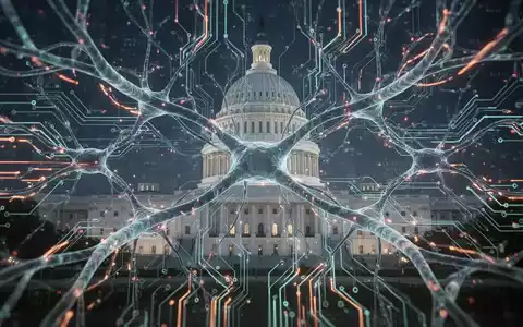 Verschlungene digitale neuronale Netze und Leiterbahnen, glühend mit Datenströmen, überlagert mit einer Silhouette des US-Kapitols. - Foto: über boerse-global.de