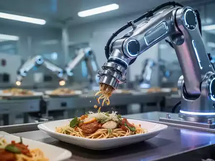 Ein Roboterarm platziert präzise Lebensmittelzutaten, symbolisiert die Übernahme eines Food-Robotics-Unternehmens durch einen Technologiekonzern. - Foto: über boerse-global.de