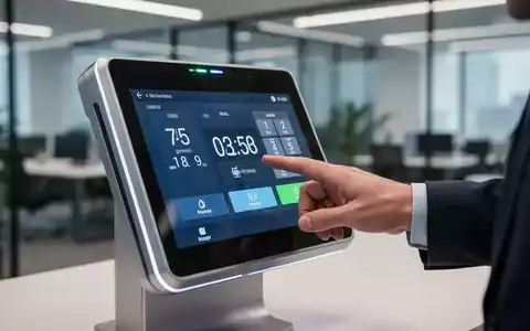 Nahaufnahme eines modernen digitalen Zeiterfassungsterminals in einem Büro, eine Hand bedient den Bildschirm. - Foto: über boerse-global.de