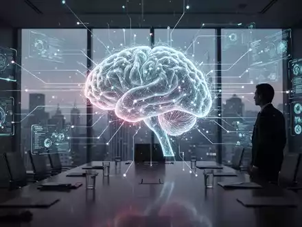 Leuchtendes, futuristisches KI-Gehirn-Netzwerk in einem Firmenkonferenzraum, beobachtet von einer silhouettierten Führungskraft, symbolisiert KI-Überwachung und Compliance. - Foto: über boerse-global.de