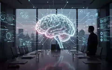 Leuchtendes, futuristisches KI-Gehirn-Netzwerk in einem Firmenkonferenzraum, beobachtet von einer silhouettierten Führungskraft, symbolisiert KI-Überwachung und Compliance. - Foto: über boerse-global.de