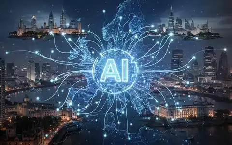 Digitale Grafik: Datenströme zwischen europäischen Stadtsilhouetten, die auf ein 'KI'-Icon zulaufen, symbolisiert EU-KI-Verordnungstransparenz. - Foto: über boerse-global.de