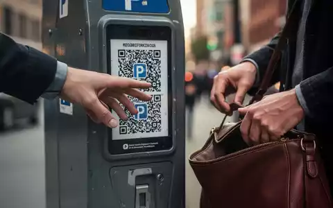 Eine Hand tippt auf einen QR-Code an einem Parkautomaten, während eine andere Hand diskret in eine Tasche greift. - Foto: über boerse-global.de