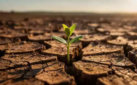 Ein einzelner grüner Trieb, der durch rissige, trockene Erde bricht, symbolisiert Wachstum und Teilung. - Foto: über boerse-global.de