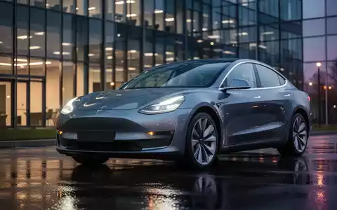 Ein modernes, elegantes Elektro-Firmenauto steht vor einem beleuchteten Bürogebäude in der Dämmerung. - Foto: über boerse-global.de