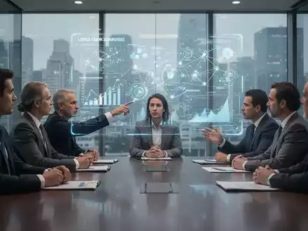 Eine Gruppe von Führungskräften diskutiert in einem modernen Konferenzraum vor einer holografischen Datenprojektion. - Foto: über boerse-global.de