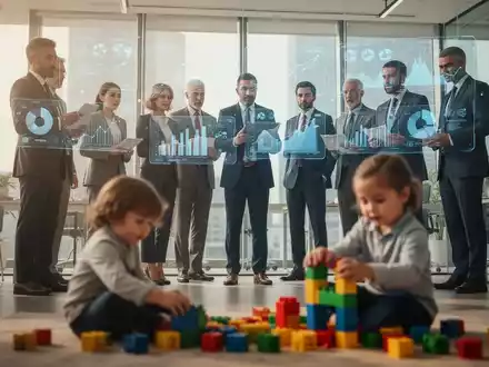 Geschäftsleute in einem modernen Büro, die Daten analysieren, mit einem unscharfen Kind, das mit Bauklötzen spielt, im Vordergrund. - Foto: über boerse-global.de