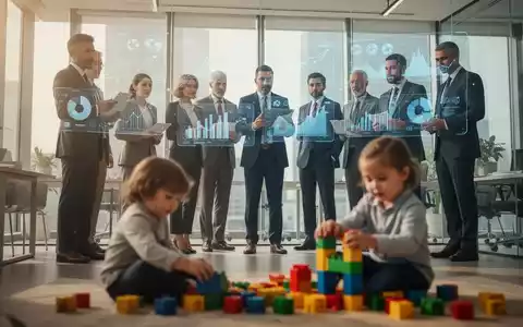 Geschäftsleute in einem modernen Büro, die Daten analysieren, mit einem unscharfen Kind, das mit Bauklötzen spielt, im Vordergrund. - Foto: über boerse-global.de