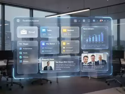 Eine digitale Benutzeroberfläche mit personalisierten Widgets überlagert eine moderne Büroumgebung, symbolisiert Produktivitätssteigerung. - Foto: über boerse-global.de