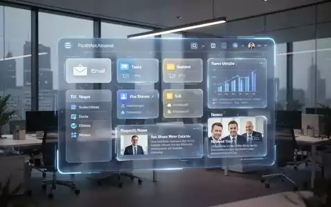 Eine digitale Benutzeroberfläche mit personalisierten Widgets überlagert eine moderne Büroumgebung, symbolisiert Produktivitätssteigerung. - Foto: über boerse-global.de