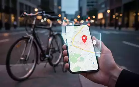Eine Hand hält ein Smartphone, das eine Karte mit einem Ortungs-Pin anzeigt, im Hintergrund ein Fahrrad auf einer Stadtstraße. - Foto: über boerse-global.de