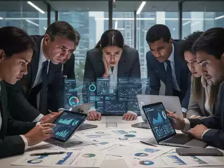 Geschäftsleute in einem modernen Büro, die gestresst komplexe Finanzdokumente und digitale Daten überprüfen. Symbolisiert die Belastung durch CSRD-Compliance. - Foto: über boerse-global.de
