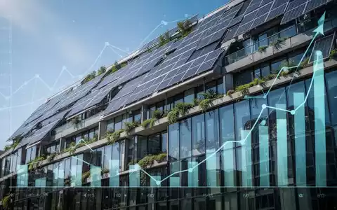 Ein modernes Gebäude mit Solarmodulen und grünen Pflanzen an der Fassade, das Energieeffizienz und Klimaziele symbolisiert. - Foto: über boerse-global.de