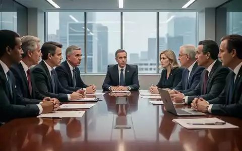 Politiker in Anzügen sitzen an einem Konferenztisch, diskutieren und studieren Dokumente, mit ernsten Gesichtern. - Foto: über boerse-global.de