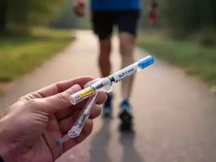 Eine Hand hält einen Abnehmspritzen-Pen, während im Hintergrund verschwommen eine Person geht, was reduzierte Aktivität symbolisiert. - Foto: über boerse-global.de