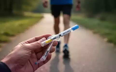 Eine Hand hält einen Abnehmspritzen-Pen, während im Hintergrund verschwommen eine Person geht, was reduzierte Aktivität symbolisiert. - Foto: über boerse-global.de