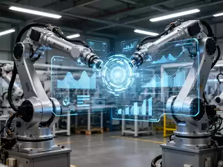 Industrieller Roboterarm interagiert mit holografischer Schnittstelle in moderner Fabrik, symbolisiert KI und Automatisierung für KMU. - Foto: über boerse-global.de