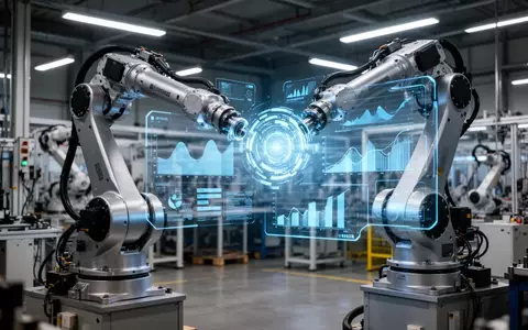 Industrieller Roboterarm interagiert mit holografischer Schnittstelle in moderner Fabrik, symbolisiert KI und Automatisierung für KMU. - Foto: über boerse-global.de