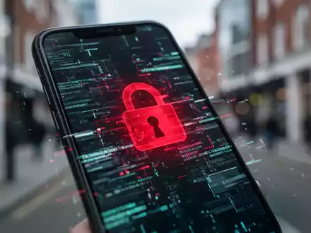 Nahaufnahme eines Smartphones mit einem digitalen Schloss-Symbol und glitchigen Daten auf dem Bildschirm, im Hintergrund eine verschwommene Stadtansicht. - Foto: über boerse-global.de