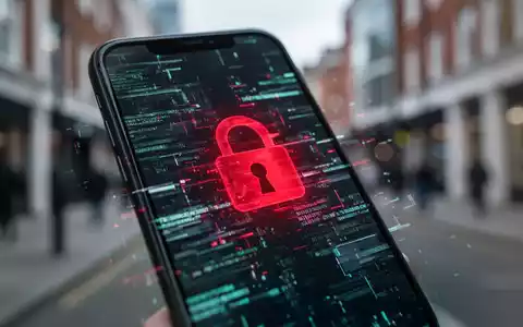 Nahaufnahme eines Smartphones mit einem digitalen Schloss-Symbol und glitchigen Daten auf dem Bildschirm, im Hintergrund eine verschwommene Stadtansicht. - Foto: über boerse-global.de