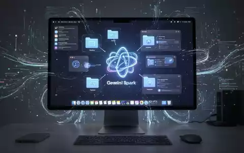Moderner macOS-Desktop mit Bildschirm, der Gemini Spark AI zeigt, umgeben von digitalen Datenströmen. - Foto: über boerse-global.de