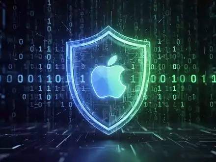 Digitales Schildsymbol schützt abstrakten Binärcode und stilisiertes Apple-Logo, leuchtend blau und grün, vor dunklem, futuristischem Hintergrund. - Foto: über boerse-global.de