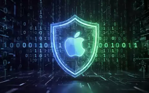 Digitales Schildsymbol schützt abstrakten Binärcode und stilisiertes Apple-Logo, leuchtend blau und grün, vor dunklem, futuristischem Hintergrund. - Foto: über boerse-global.de
