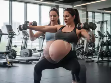 Schwangere Frau führt eine leichte Kraftübung mit Kurzhanteln in einem modernen Fitnessstudio aus, Fokus auf sichere Bewegung. - Foto: über boerse-global.de