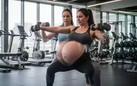 Schwangere Frau führt eine leichte Kraftübung mit Kurzhanteln in einem modernen Fitnessstudio aus, Fokus auf sichere Bewegung. - Foto: über boerse-global.de
