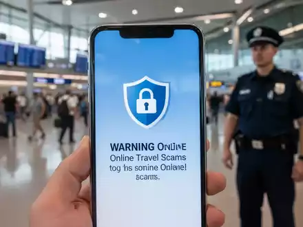 Smartphone-Bildschirm mit Betrugswarnung, unscharfer Flughafen-Hintergrund und Polizist. - Foto: über boerse-global.de