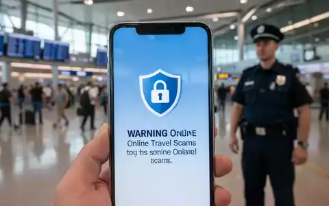 Smartphone-Bildschirm mit Betrugswarnung, unscharfer Flughafen-Hintergrund und Polizist. - Foto: über boerse-global.de