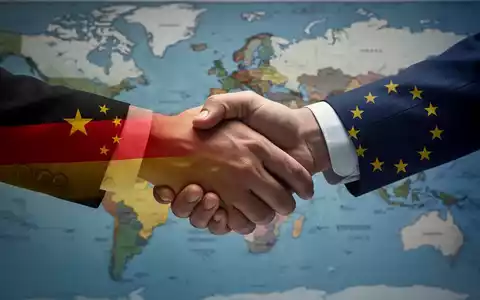 Zwei Hände, eine mit chinesischem und eine mit deutschem/EU-Flaggenmotiv, treffen sich über einer Weltkarte, die Handelsspannungen darstellt. - Foto: über boerse-global.de